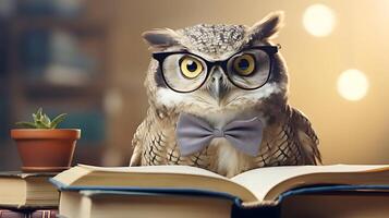 Cute owl teacher with pile of books. Back to school concept. AI generated image. photo