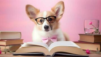 Cute corgi dog professor with pile of books on pink background. AI generated image. photo