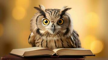 Cute owl teacher with pile of books. Back to school concept. AI generated image. photo