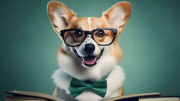 linda corgi profesor vistiendo lentes con pila de libros. ai generado imagen. foto