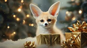 Super cute fennec fox with Christmas giftbox. AI generated image photo