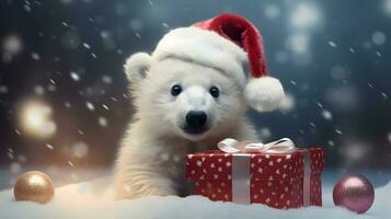 Super cute white polar bear in Santa hat with giftbox. AI generated image photo