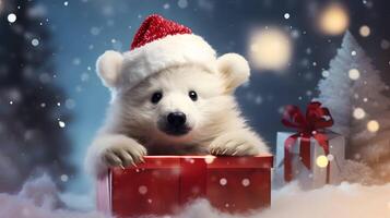 Super cute white polar bear in Santa hat with giftbox. AI generated image photo