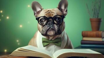 Cute french bulldog student wearing glasses, with pile of books. AI generated image. photo