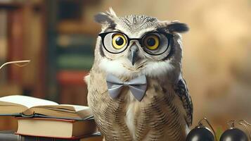 Cute owl teacher with pile of books. Back to school concept. AI generated image. photo