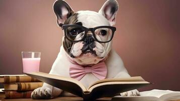 Cute french bulldog professor wearing glasses  with pile of books. AI generated image. photo