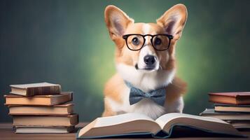 Cute corgi professor wearing glasses with pile of books. AI generated image. photo