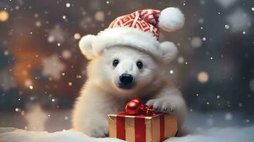 súper linda blanco polar oso en Papa Noel sombrero con caja de regalo. ai generado imagen foto