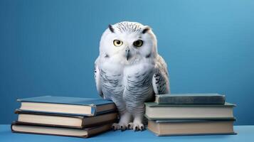 Cute white owl with pile of books. Back to school concept. AI generated image. photo