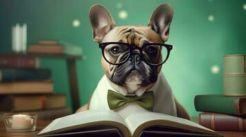 Cute french bulldog professor wearing glasses  with pile of books. AI generated image. photo