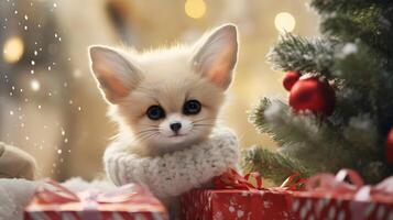 súper linda fennec zorro con Navidad caja de regalo. ai generado imagen foto