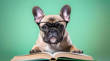 linda francés buldog estudiante vistiendo anteojos, con pila de libros. ai generado imagen. foto