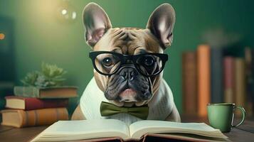 linda francés buldog profesor vistiendo lentes con pila de libros. ai generado imagen. foto