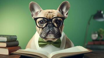 Cute french bulldog professor wearing glasses  with pile of books. AI generated image. photo