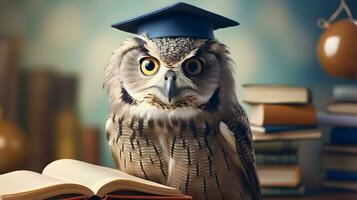 Cute owl graduated student. AI generated image. photo