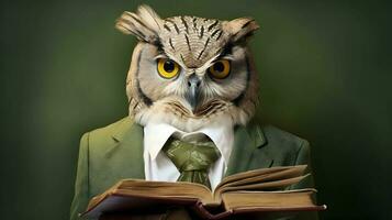 Owl professor with books. AI generated image. photo