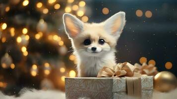 súper linda fennec zorro con Navidad caja de regalo. ai generado imagen foto