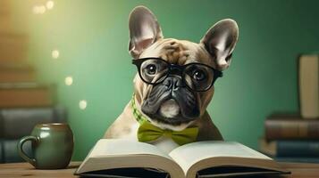 Cute french bulldog professor wearing glasses  with pile of books. AI generated image. photo