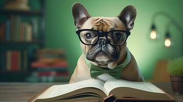 Cute french bulldog student wearing glasses, with pile of books. AI generated image. photo