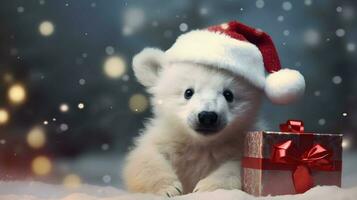 Super cute white polar bear in Santa hat with giftbox. AI generated image photo