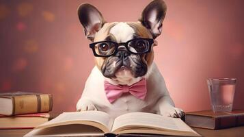 Cute french bulldog professor wearing glasses  with pile of books. AI generated image. photo