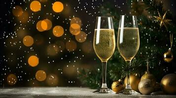 Glass of champagne. Christmas night, New Year eve. AI generated image photo