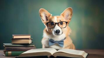 linda corgi profesor vistiendo lentes con pila de libros. ai generado imagen. foto