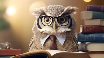 Cute owl teacher with pile of books. Back to school concept. AI generated image. photo