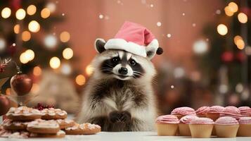 súper linda mapache cocinero haciendo Navidad pan de jengibre galletas. ai generado imagen foto
