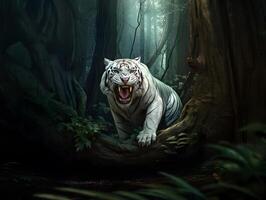 White tiger or bleached tiger in the jungle. AI generated photo