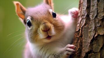 Closeup view of cute squirrel on the tree. photo