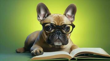 linda francés buldog estudiante vistiendo anteojos, con pila de libros. ai generado imagen. foto