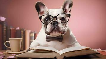Cute french bulldog professor wearing glasses  with pile of books. AI generated image. photo