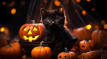 Halloween cute black cat and pumpkin lanterns. AI generated image photo