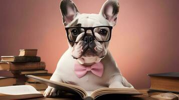 Cute french bulldog professor wearing glasses  with pile of books. AI generated image. photo