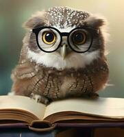 Cute owl teacher with pile of books. Back to school concept. AI generated image. photo