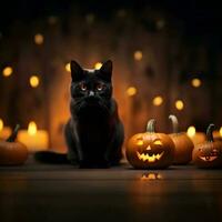 Halloween cute black cat and pumpkin lanterns. AI generated image photo