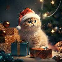 Merry Christmas. Cute fluffy cat in Santa hat. AI generated image photo