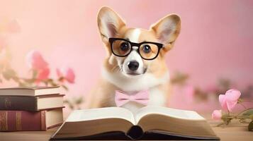 Cute corgi dog professor with pile of books on pink background. AI generated image. photo