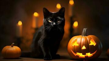 Halloween cute black cat and pumpkin lanterns. AI generated image photo