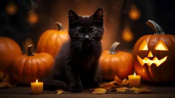 Halloween cute black cat and pumpkin lanterns. AI generated image photo