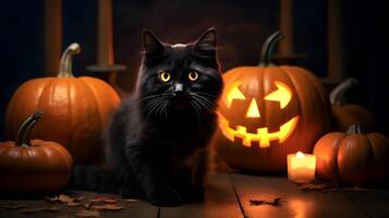 Halloween cute black cat and pumpkin lanterns. AI generated image photo