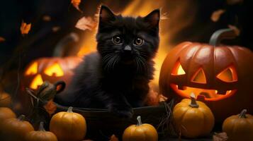 Halloween cute black cat and pumpkin lanterns. AI generated image photo
