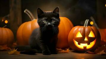 Halloween cute black cat and pumpkin lanterns. AI generated image photo