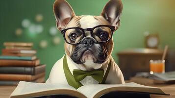 Cute french bulldog professor wearing glasses  with pile of books. AI generated image. photo