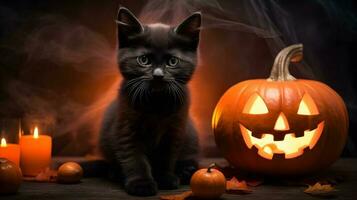 Víspera de Todos los Santos linda negro gato y calabaza linternas ai generado imagen foto