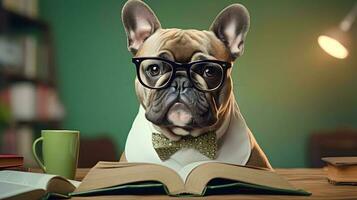 Cute french bulldog professor wearing glasses  with pile of books. AI generated image. photo