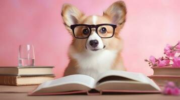 Cute corgi dog professor with pile of books on pink background. AI generated image. photo