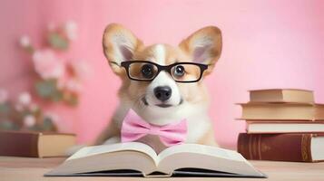 Cute corgi dog professor with pile of books on pink background. AI generated image. photo