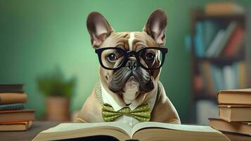 Cute french bulldog professor wearing glasses  with pile of books. AI generated image. photo